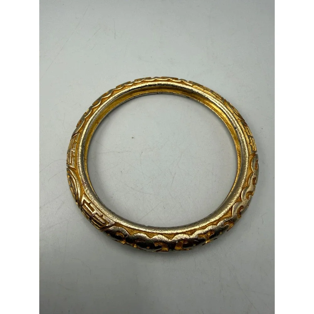 Vintage Two Tone Gold Silver Textured Bangle Bracelet Mixed Metal Geometric